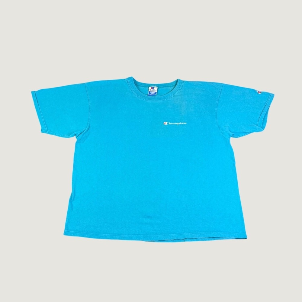 Vintage Champion T Shirt Mens XL Blue Turquoise Script Logo Made in USA 90s